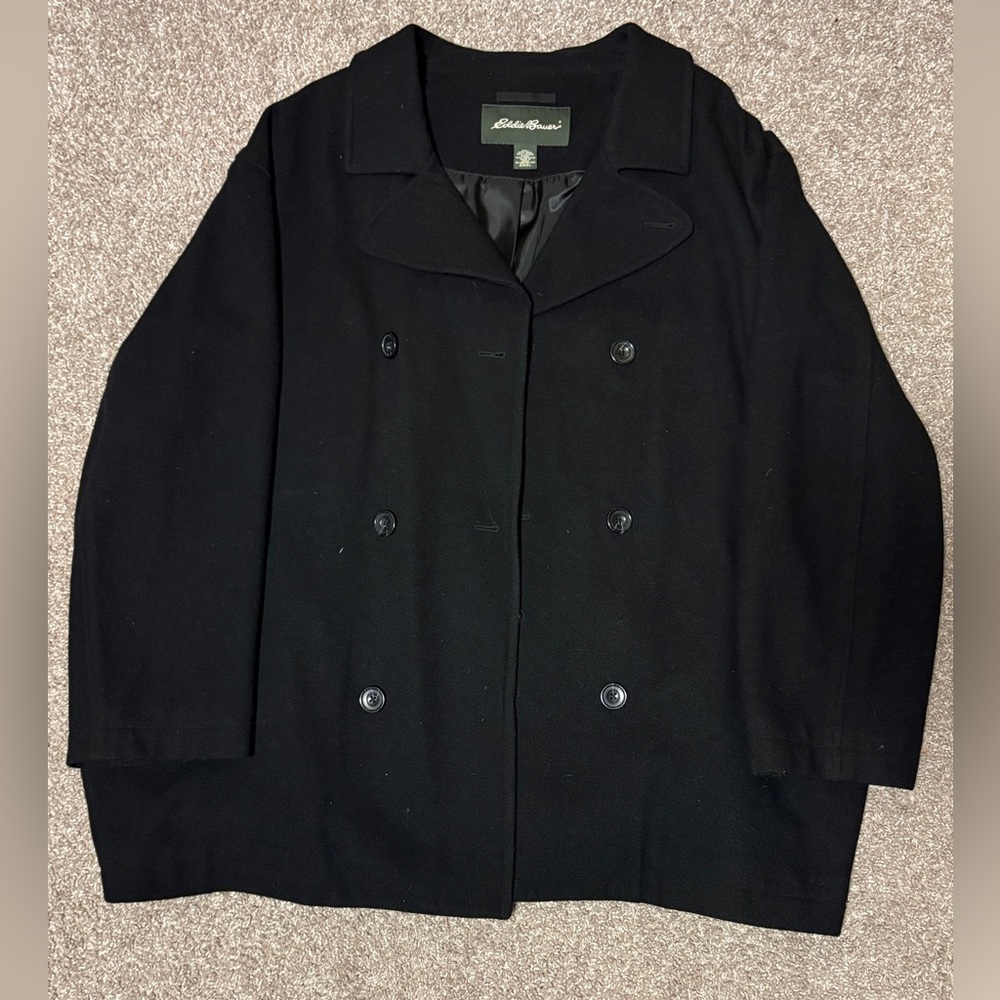Vintage Eddie Bauer Wool Peacoat Sz. XXXL Black Coat Jacket Buttons Academia Men